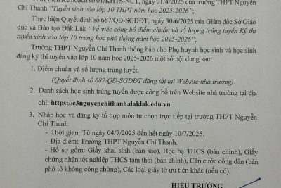 Thông báo về việc công bố điểm chuẩn, danh sách trúng tuyển và thủ tục nhập học lớp 10 năm học 2025-2026